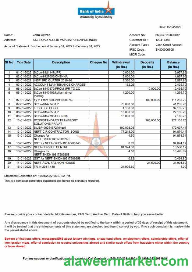 India Bank of India statement